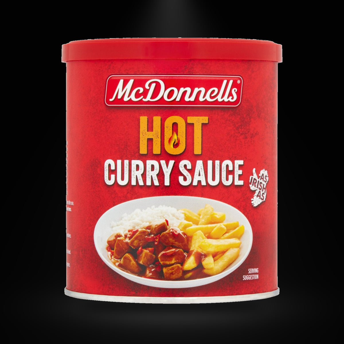 McDonnells Hot Curry 200gm on a black background with an overhead spotlight