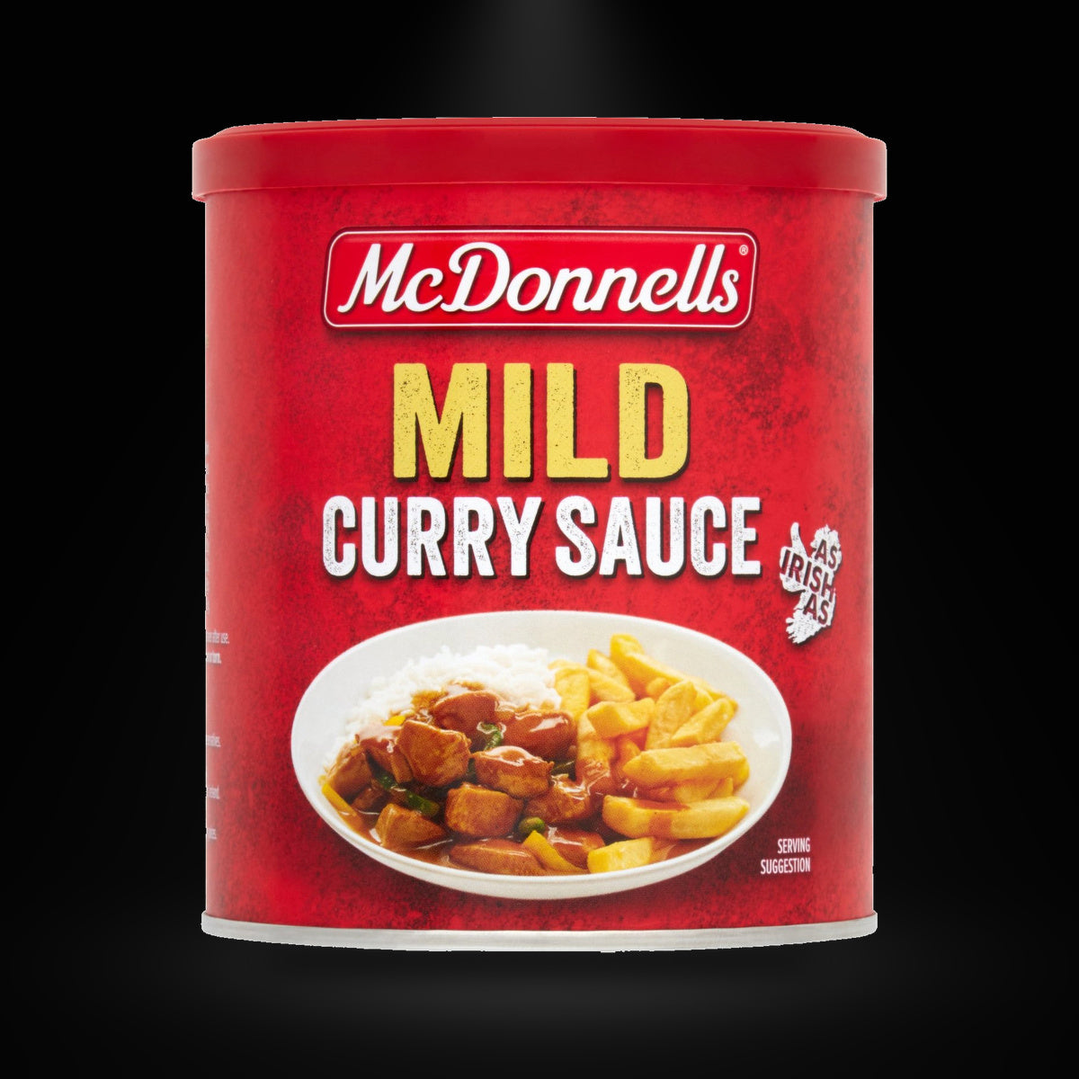 McDonnells Mild Curry 200gm on a black background with an overhead spotlight