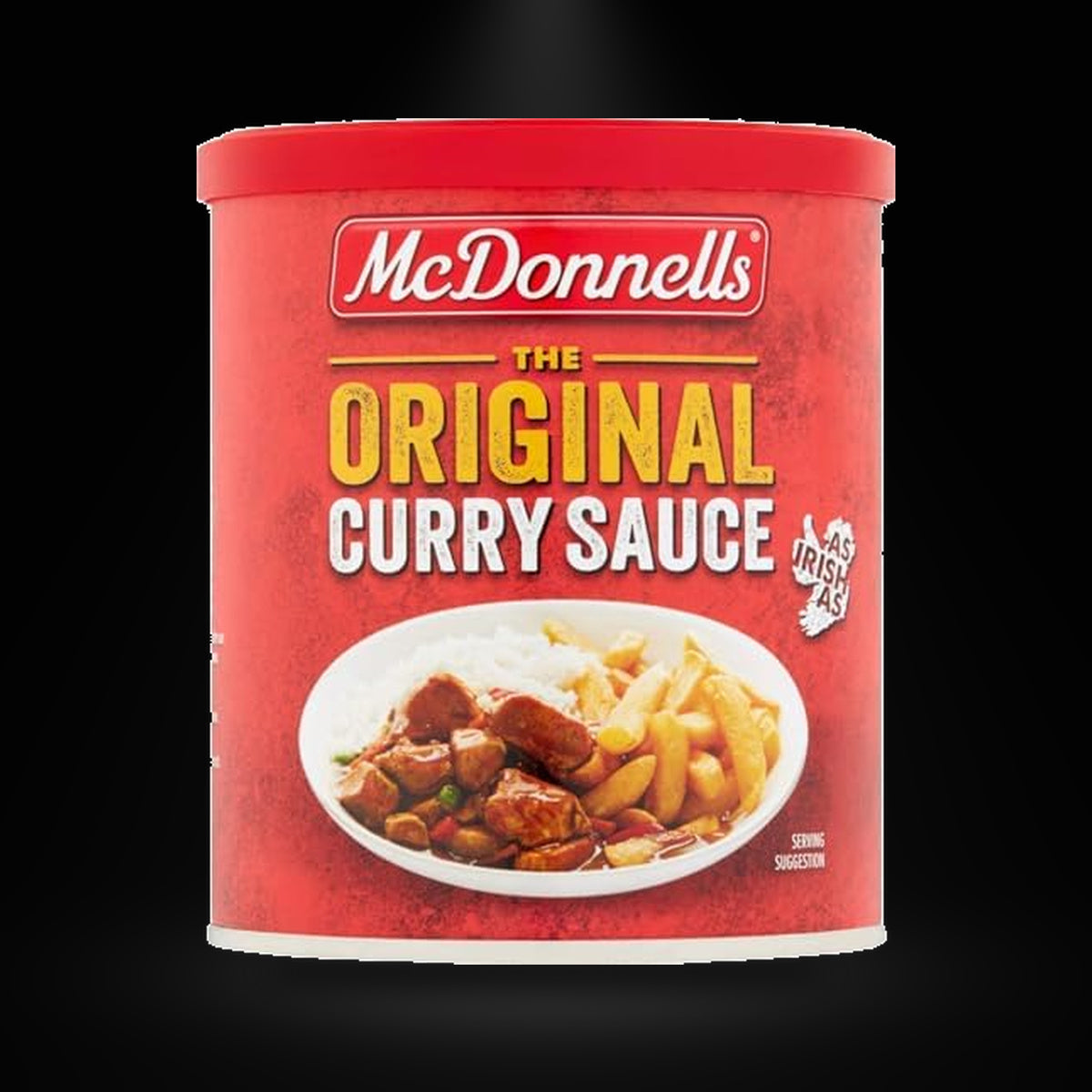 McDonnells Original Curry 200gm on a black background with an overhead spotlight