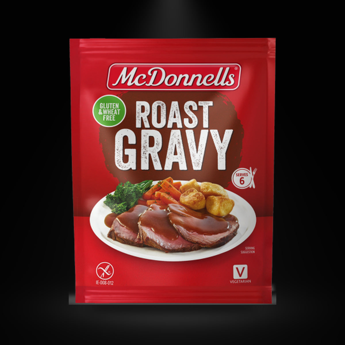 McDonnells Roast Gravy on a black background with an overhead spotlight