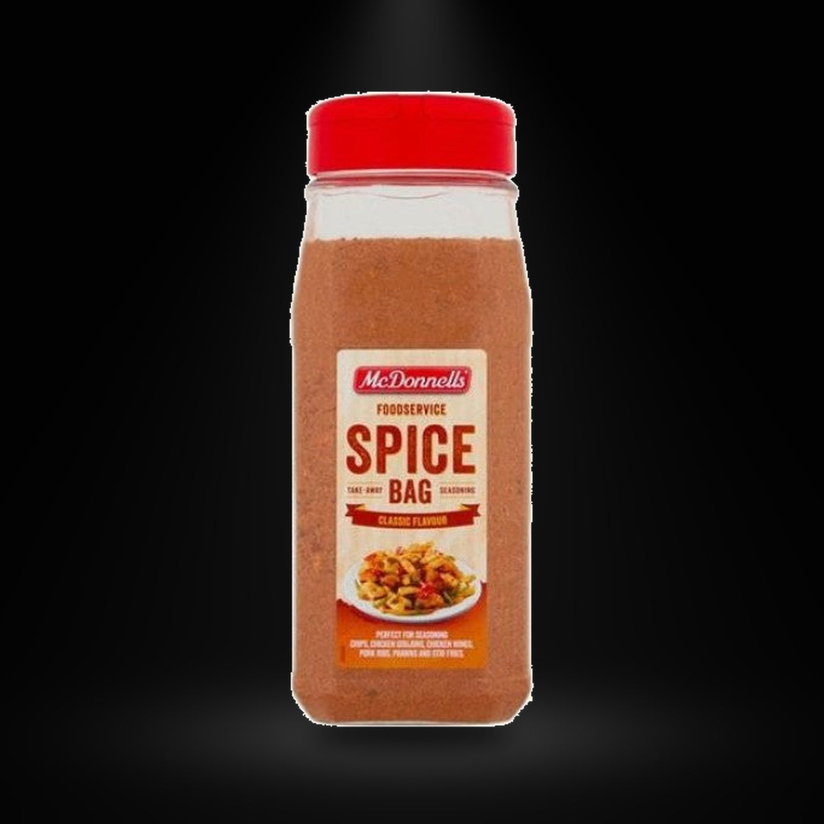Mcdonnells Spice Bag 600 gm on a black background with an overhead spotlight