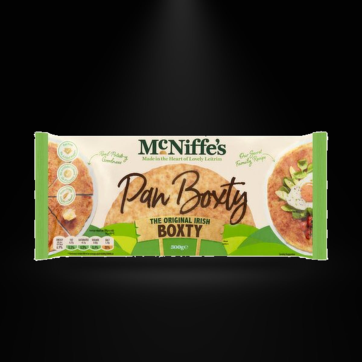 McNiffe's Pan Boxty 300G on a black background with an overhead spotlight