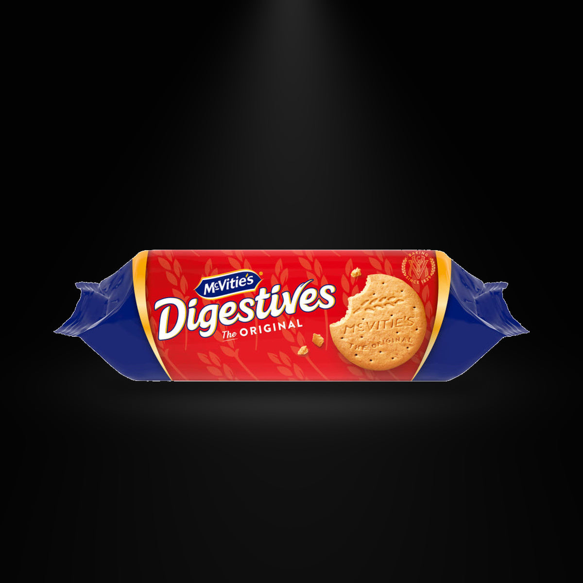 McVitie's Digestives 355gm on a black background with an overhead spotlight