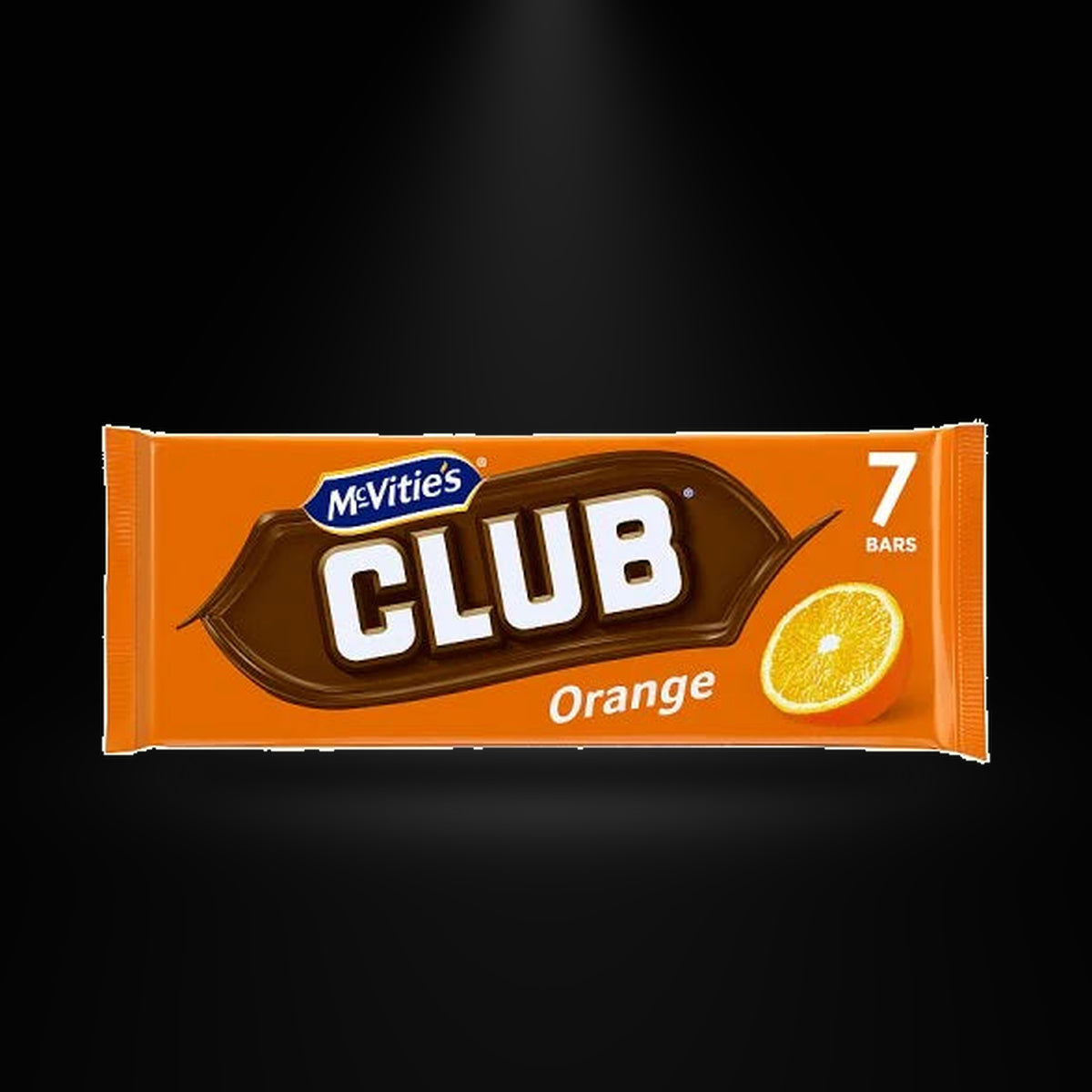 McVities Club Orange 7pk on a black background with an overhead spotlight