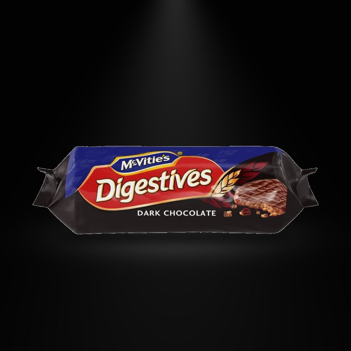 McVities Dark Chocolate Digestives on a black background with an overhead spotlight
