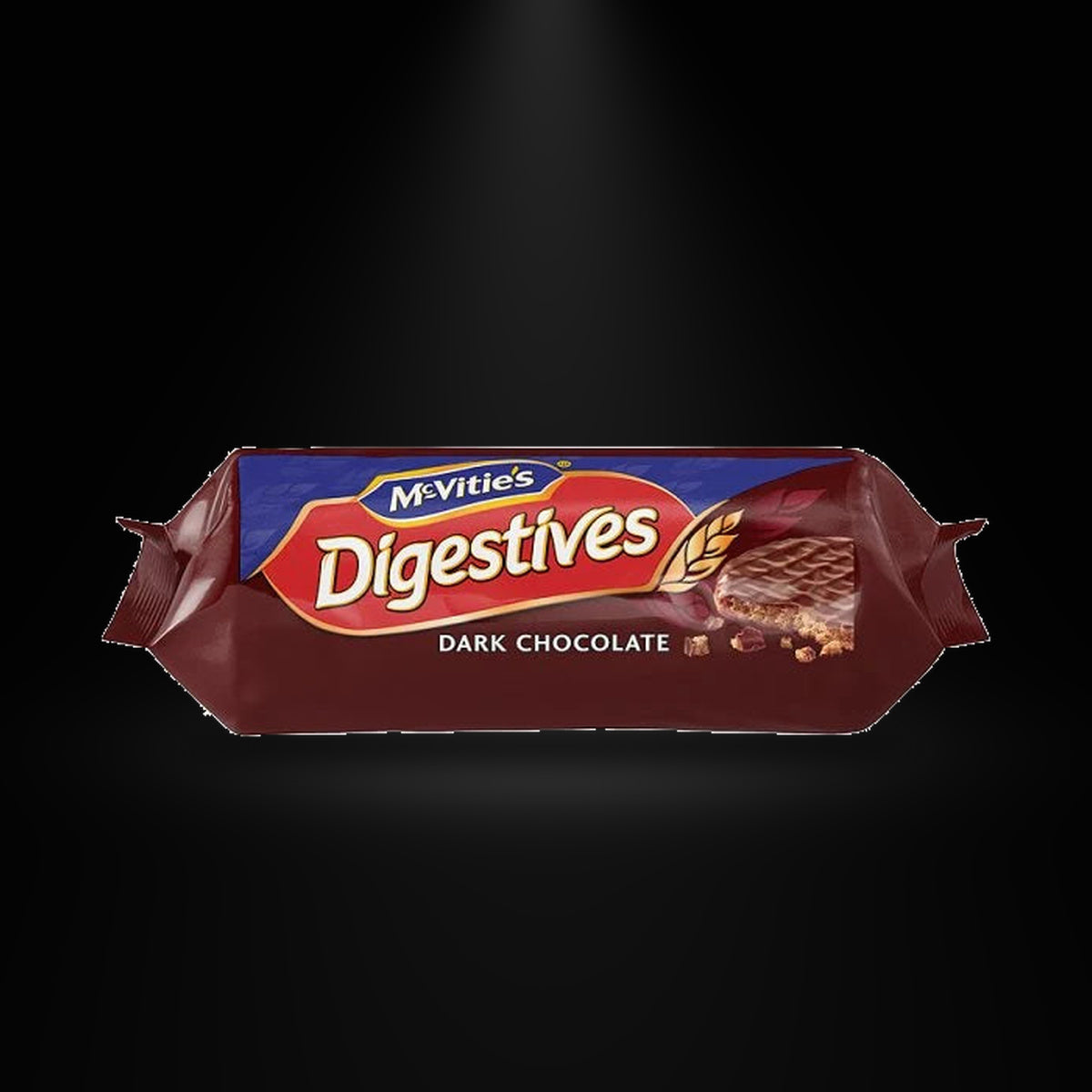 Mcvities Digestive Dark Chocolate 266gal on a black background with an overhead spotlight