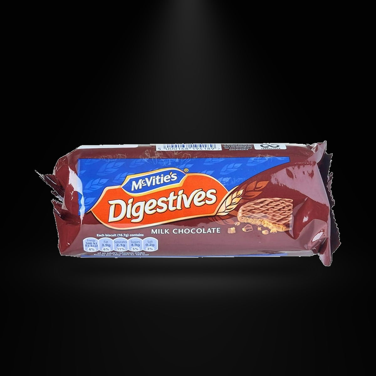mcvities digestive milk choco biscuit 266g on a black background with an overhead spotlight