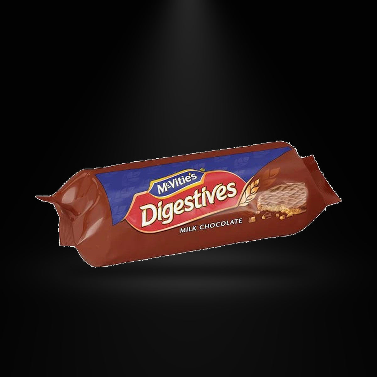 McVities Milk Chocolate Digestives 266g on a black background with an overhead spotlight