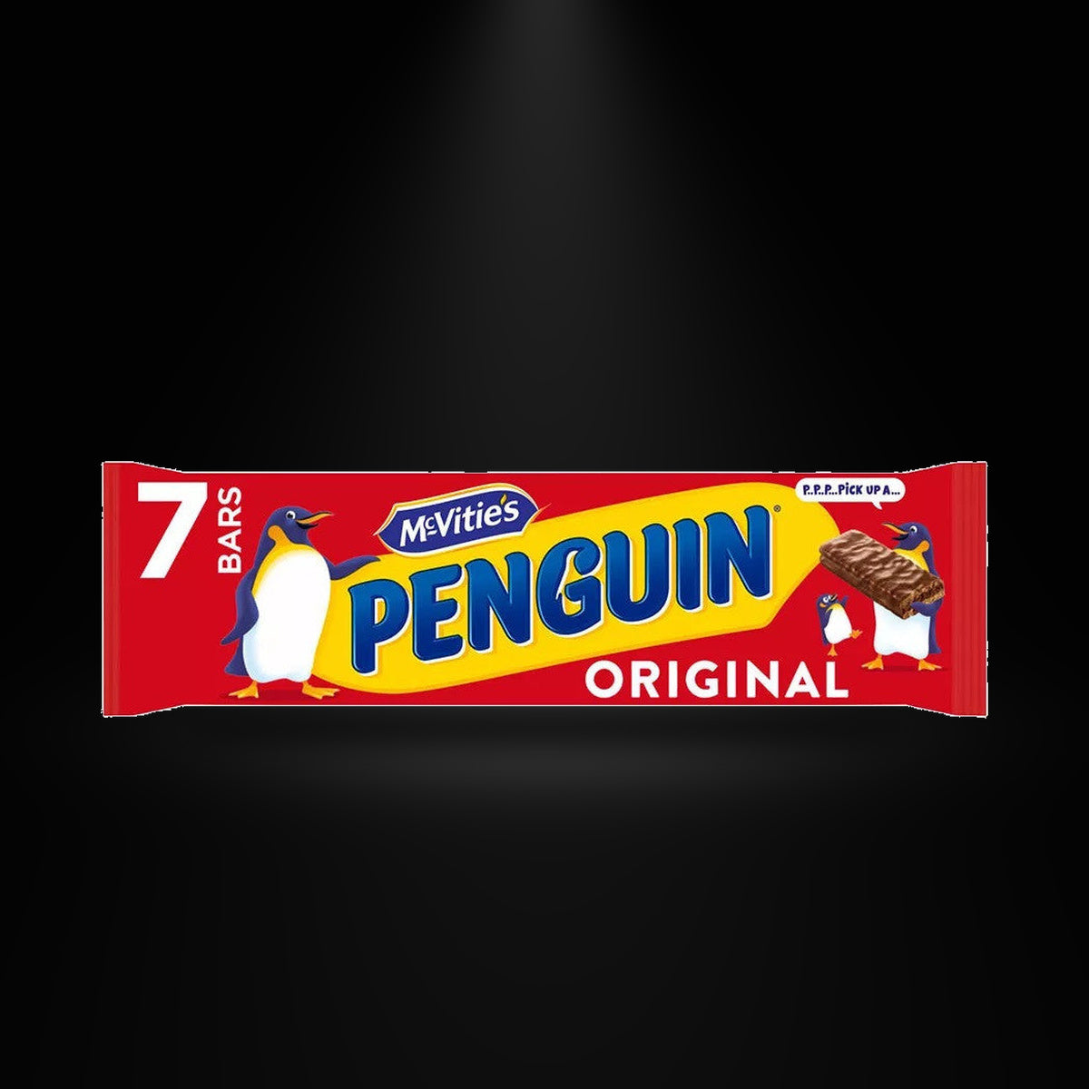 McVities Penguin 172gm on a black background with an overhead spotlight
