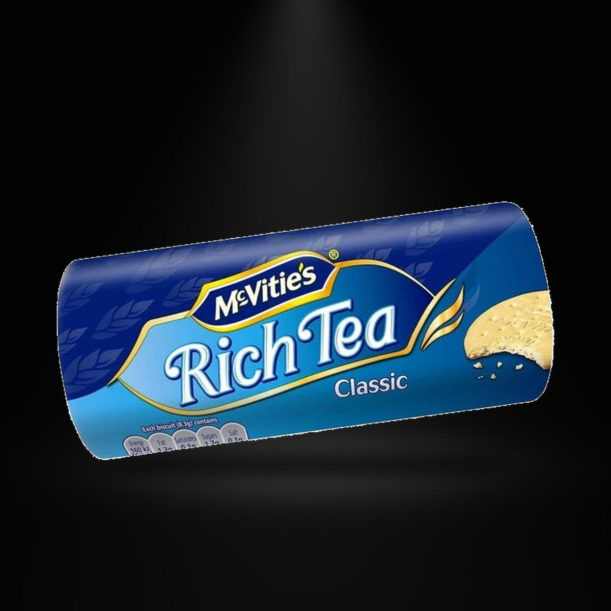 McVities Rich Tea Biscuits 200g on a black background with an overhead spotlight