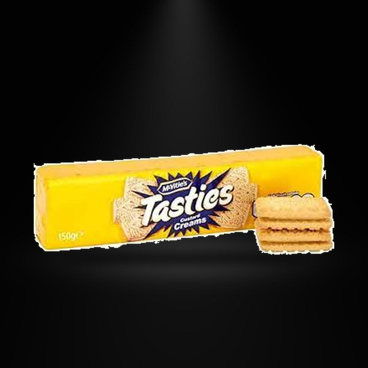 McVities Tasties Custard 150gm on a black background with an overhead spotlight