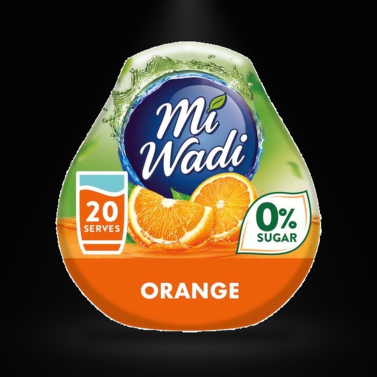 Mi wadi mini Orange 66ml on a black background with an overhead spotlight