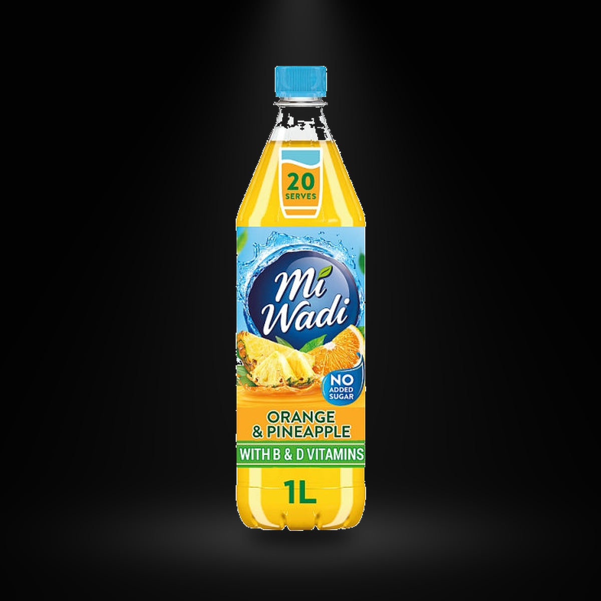 Mi-Wadi Orange Pineapple on a black background with an overhead spotlight