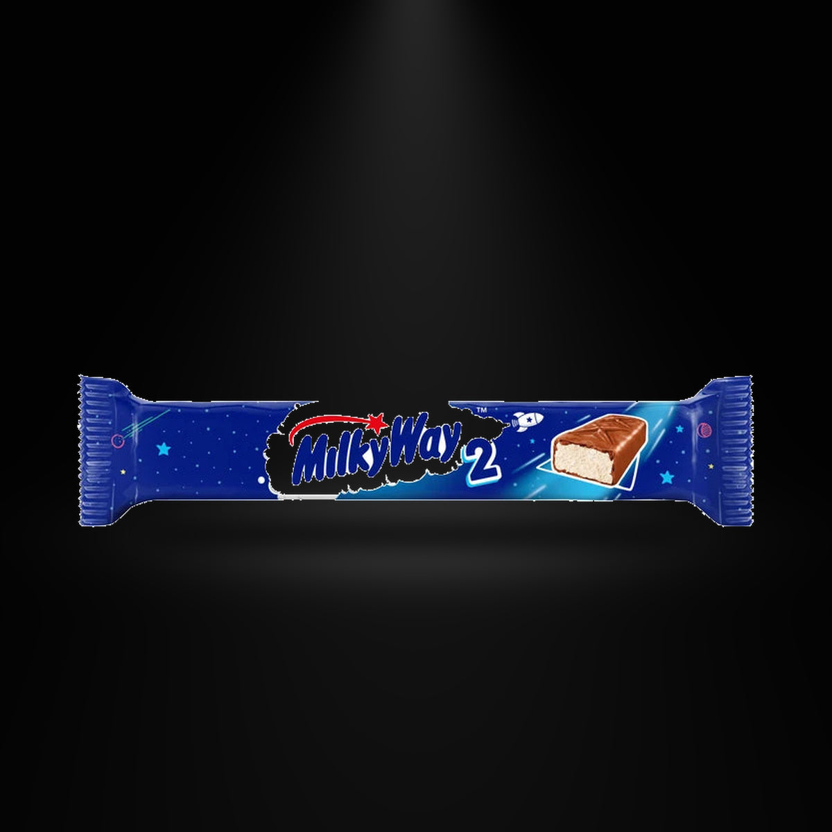 Milky Way Duo 43gm on a black background with an overhead spotlight