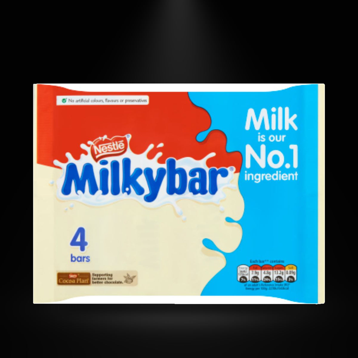 Milkybar 4 pack on a black background with an overhead spotlight