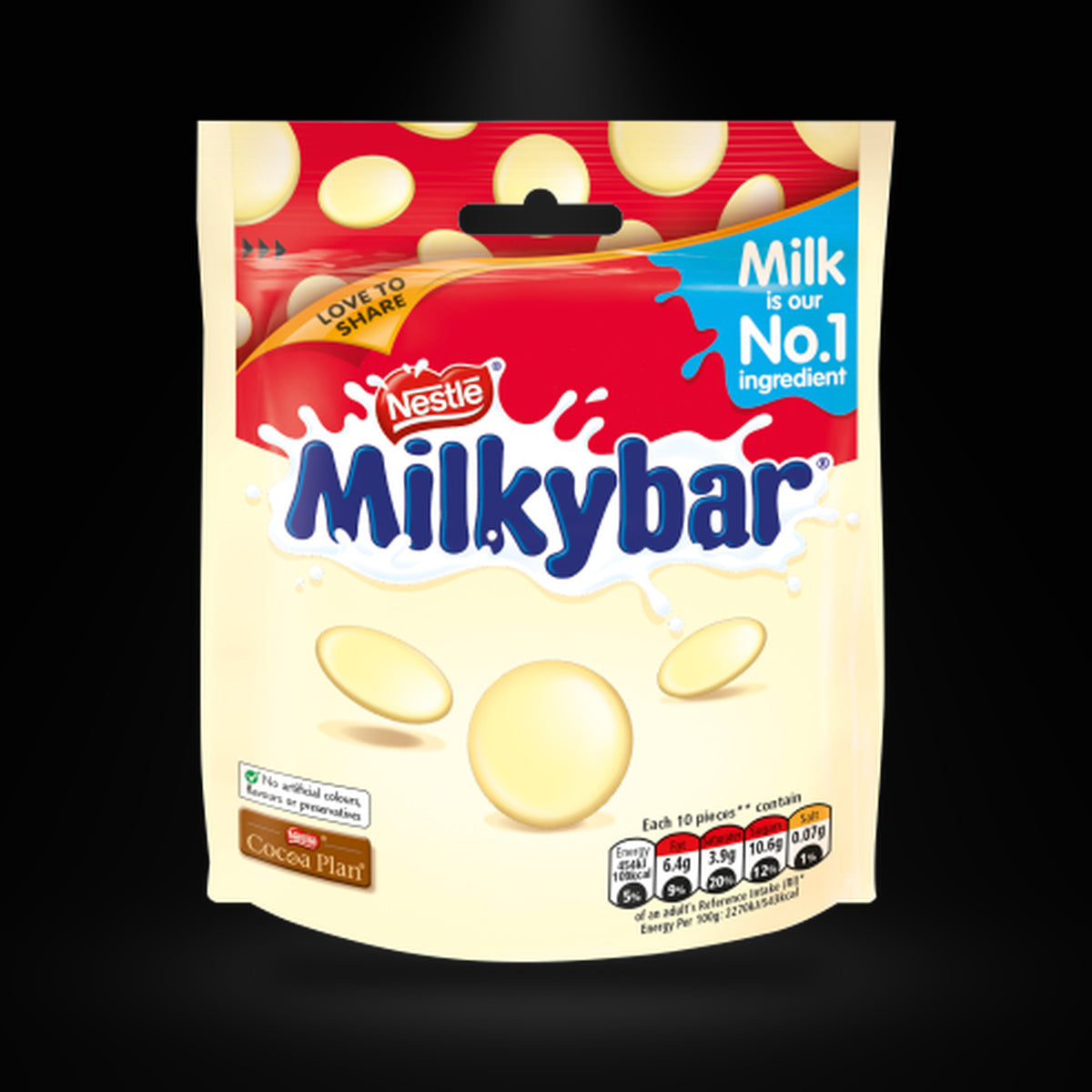 Milkybar Buttons Pouch on a black background with an overhead spotlight