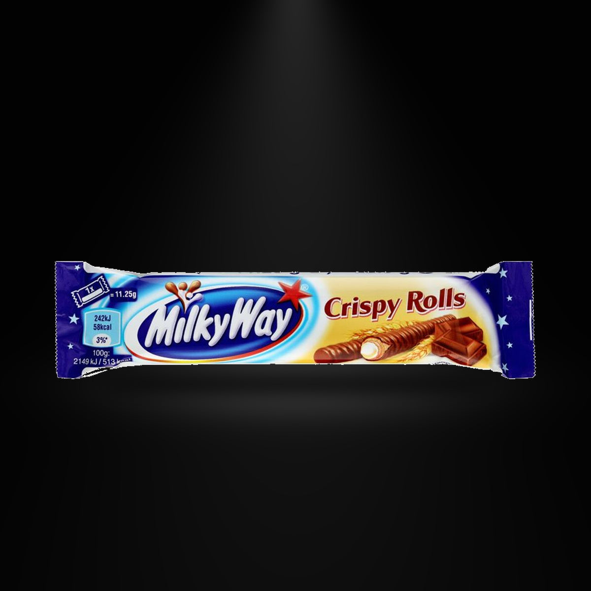 MilkyWay Crispy Rolls 24gm on a black background with an overhead spotlight