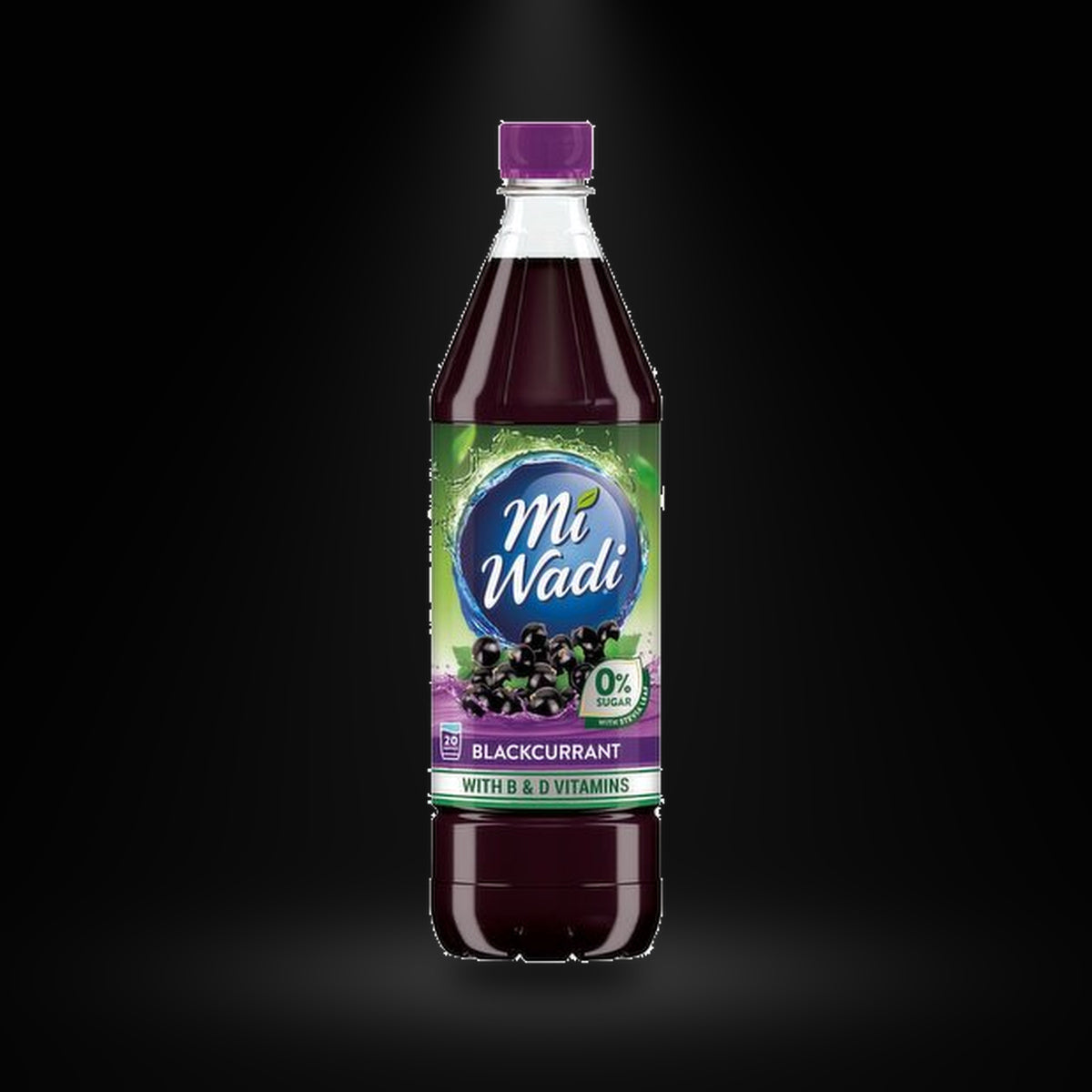 Miwadi Blackcurrant 0 Sugar on a black background with an overhead spotlight