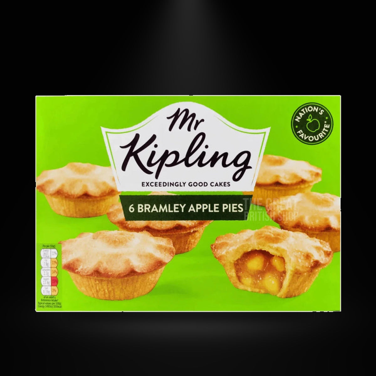Mr. Kipling Apple Pies 399g on a black background with an overhead spotlight