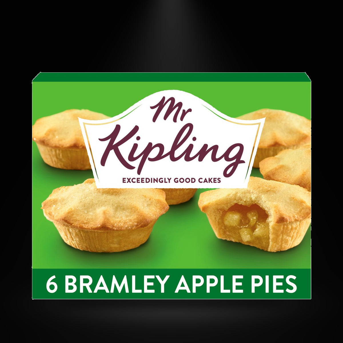 Mr Kipling Apple Pies 6Pk 377G on a black background with an overhead spotlight