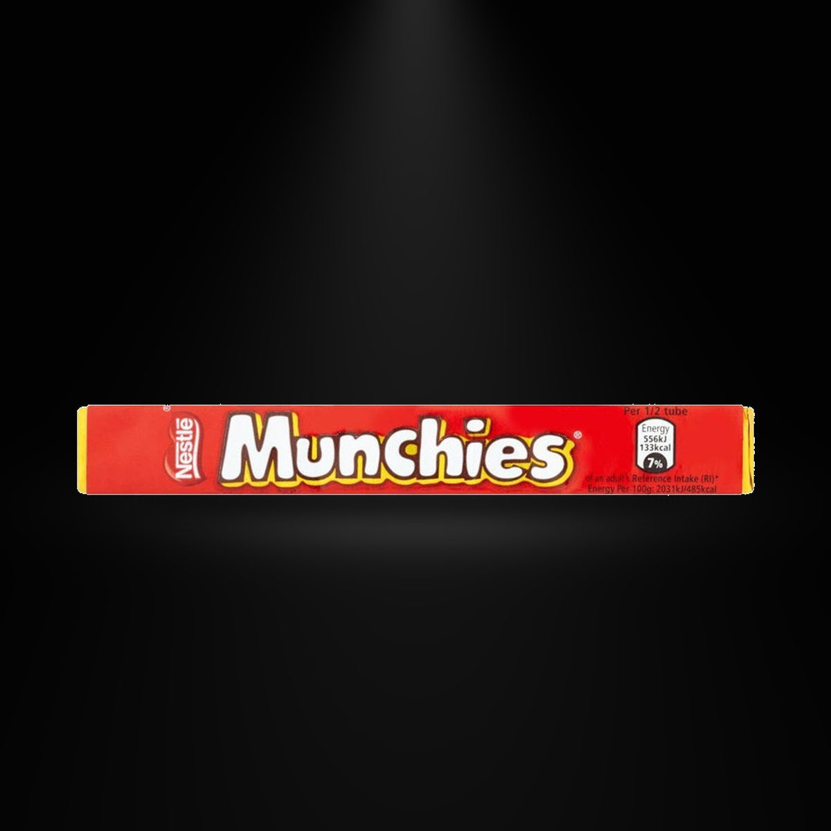 Munchies 52 gm on a black background with an overhead spotlight