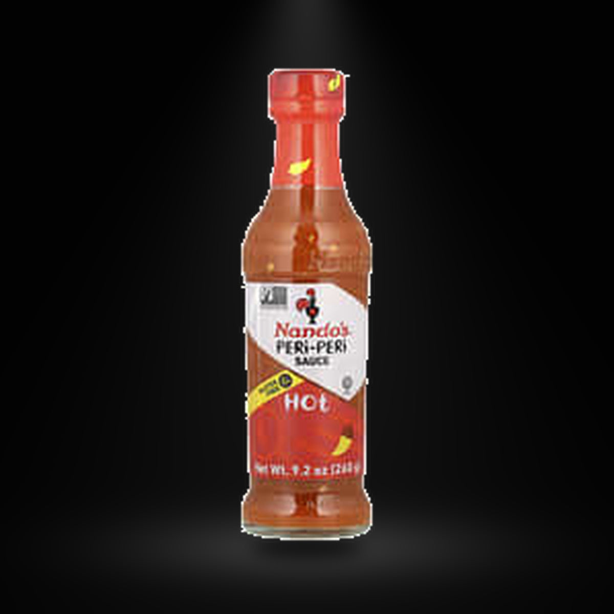 Nando's Peri-peri Hot Sauce 9.2oz on a black background with an overhead spotlight