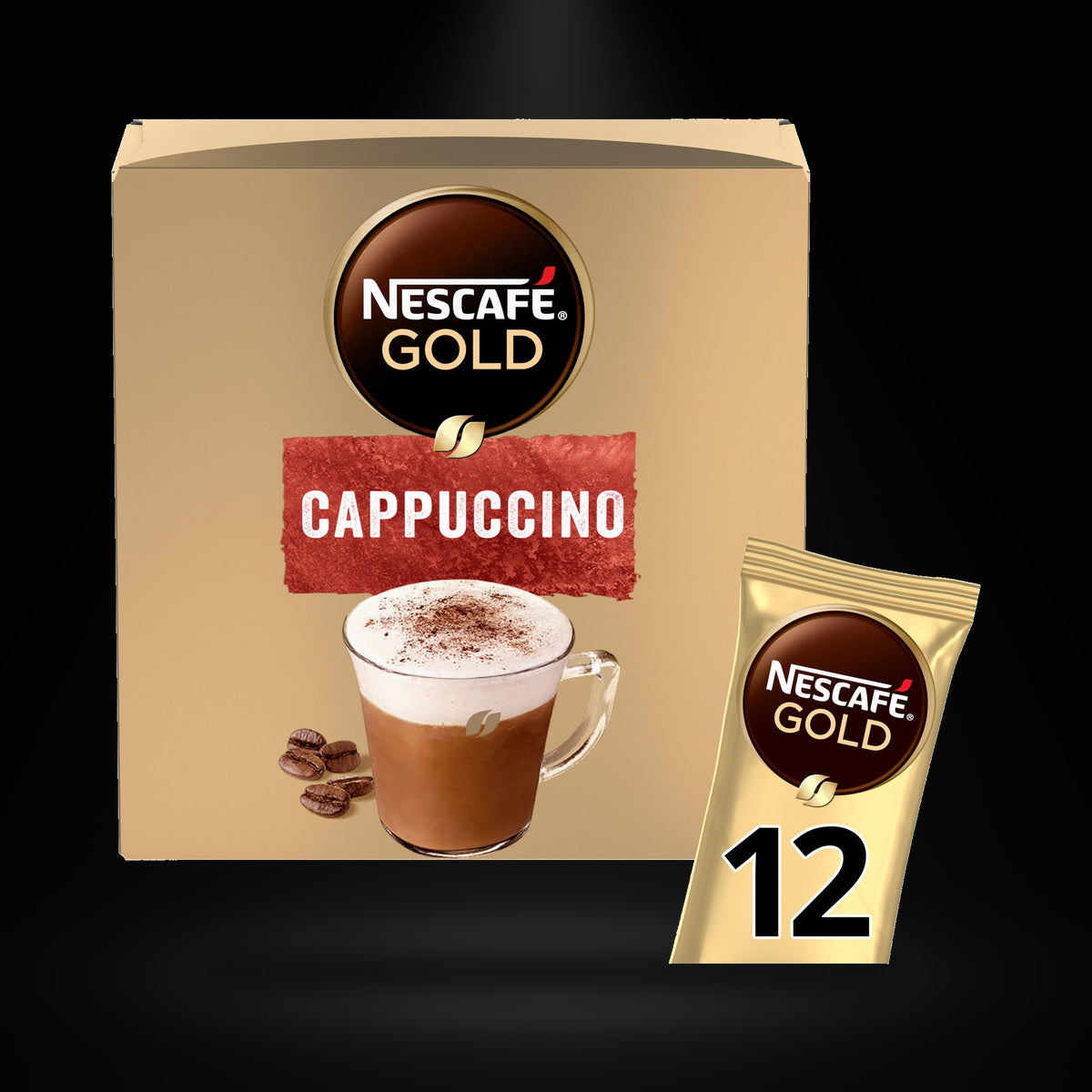 Nescafe Gold Cappuccino Sachets 12's 186G on a black background with an overhead spotlight