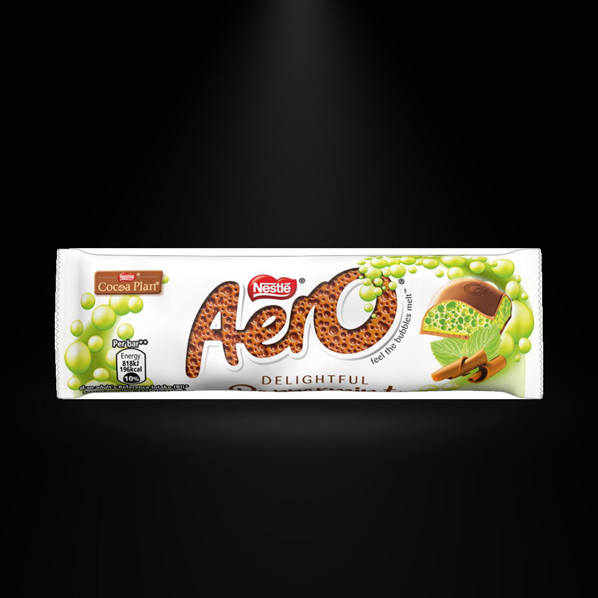 Nestlé Aero Peppermint 36g on a black background with an overhead spotlight