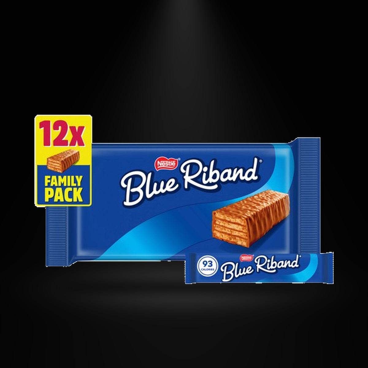Nestle blue Riband 12s 216G on a black background with an overhead spotlight
