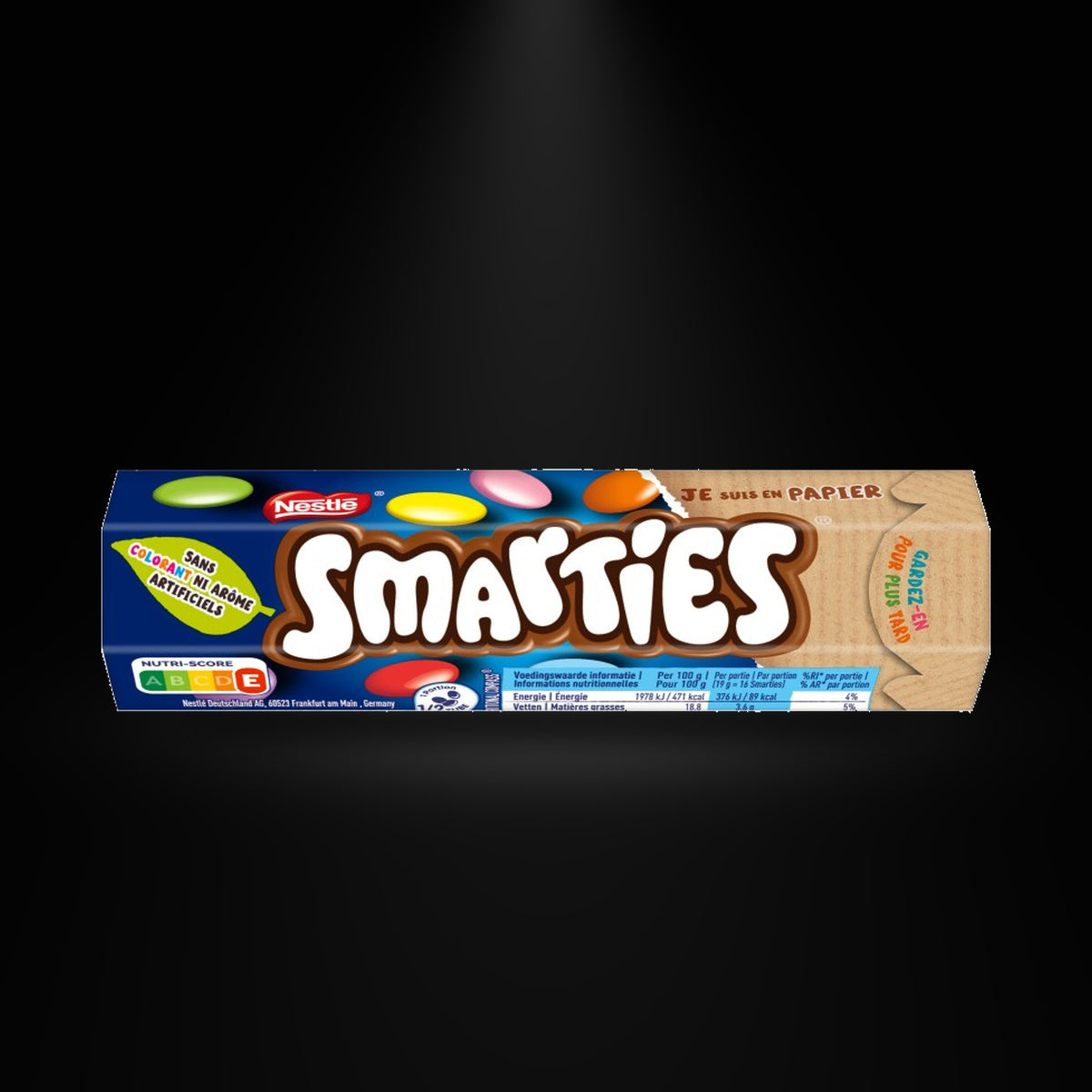 Nestle Rowntree Smarties Hexagon Hard Candy on a black background with an overhead spotlight
