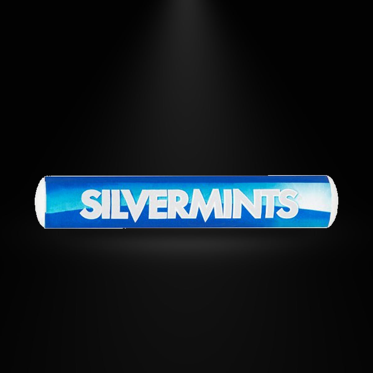 Nestle Silvermints 30gm on a black background with an overhead spotlight