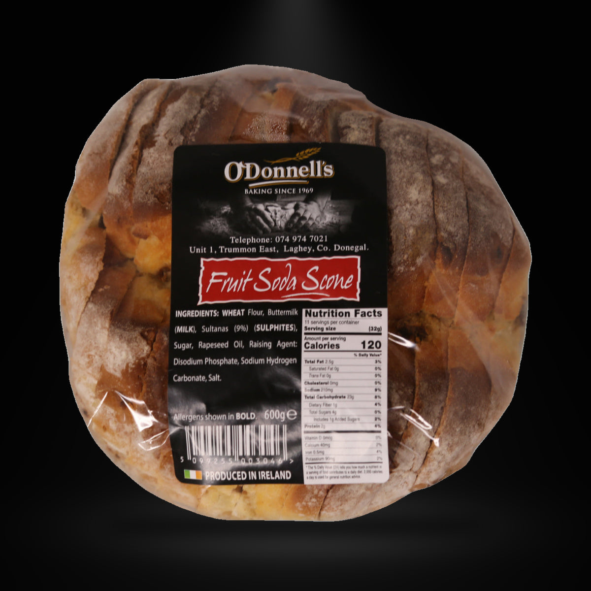 O donells fruit soda scone 600g on a black background with an overhead spotlight