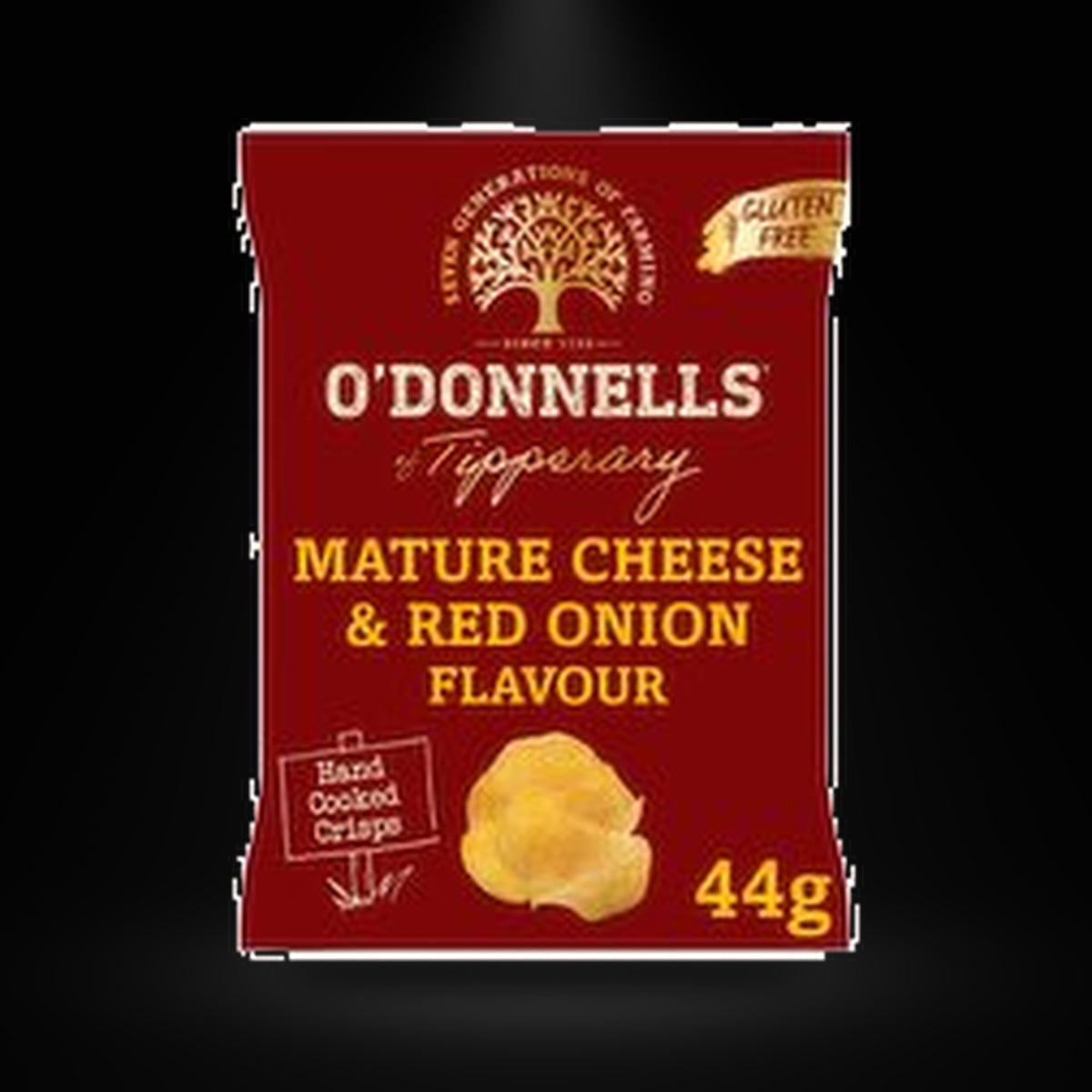O'Donnells Crinkle Cut Cheese&Onion Chips on a black background with an overhead spotlight
