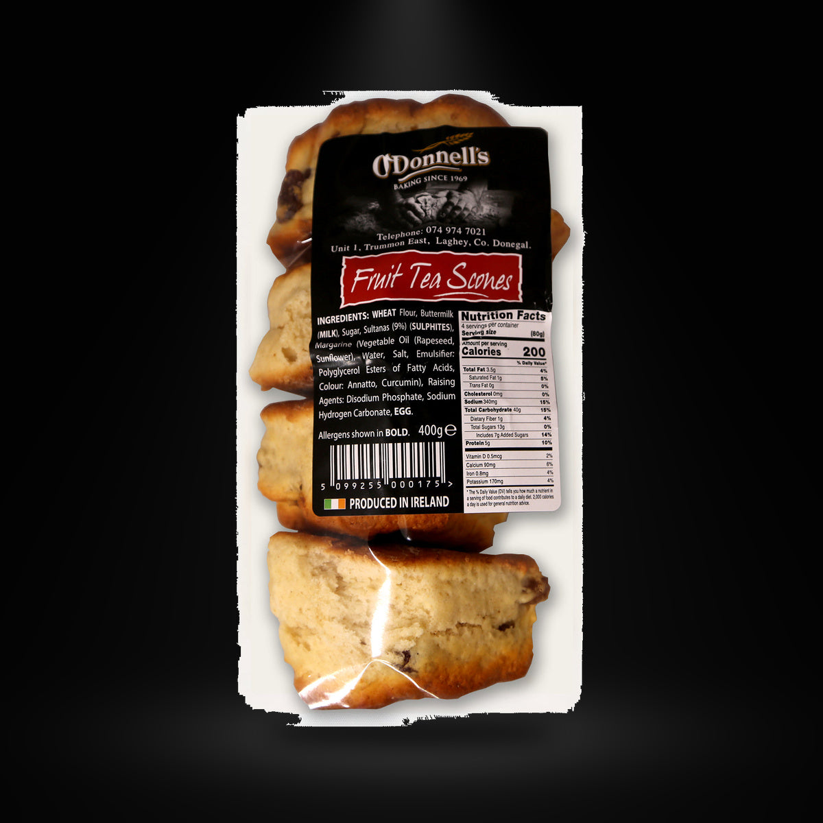 O'donnells fruit tea scones 400g on a black background with an overhead spotlight
