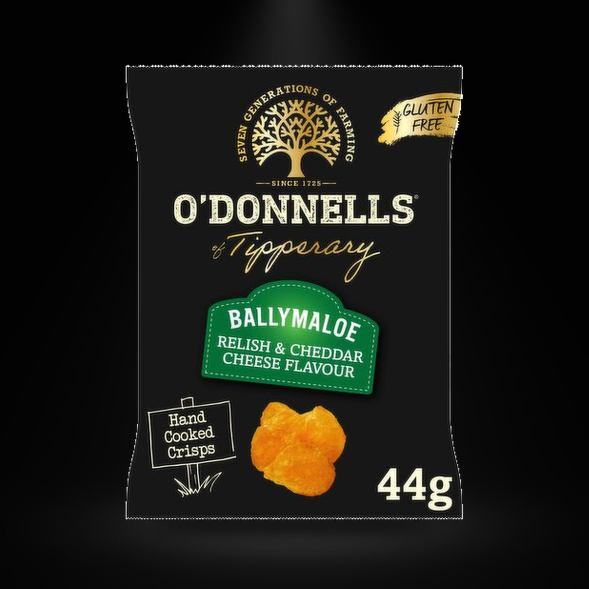 O'DONNELLS TIPPERAY RELISH&CHEDDAR CRISP on a black background with an overhead spotlight