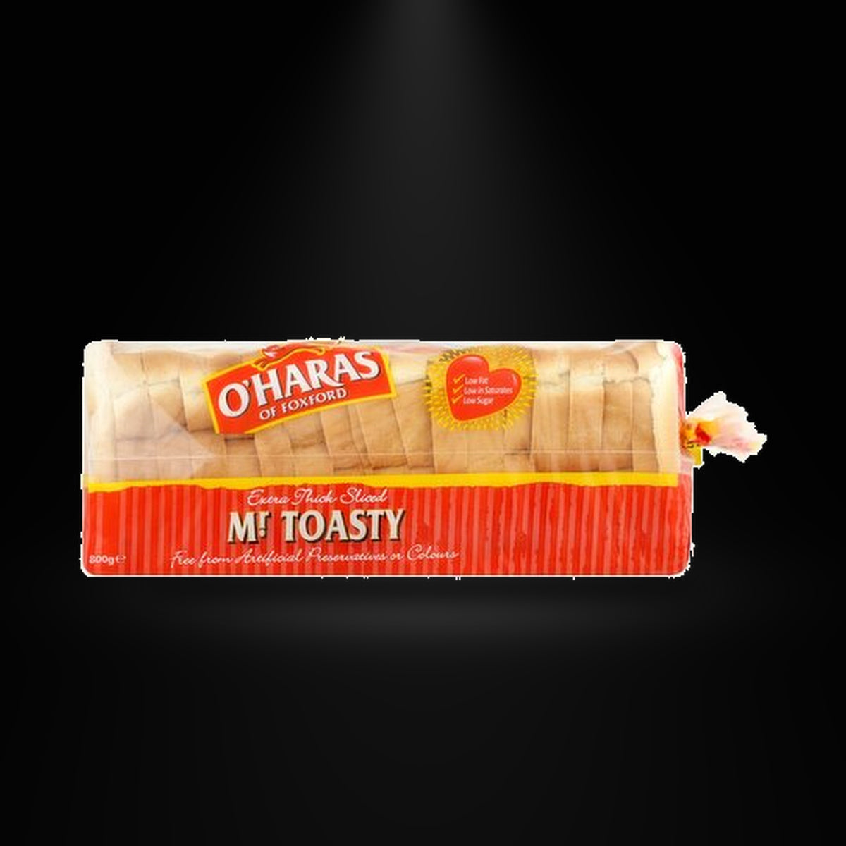 O'Hara Toasty Sliced Bread 800G on a black background with an overhead spotlight