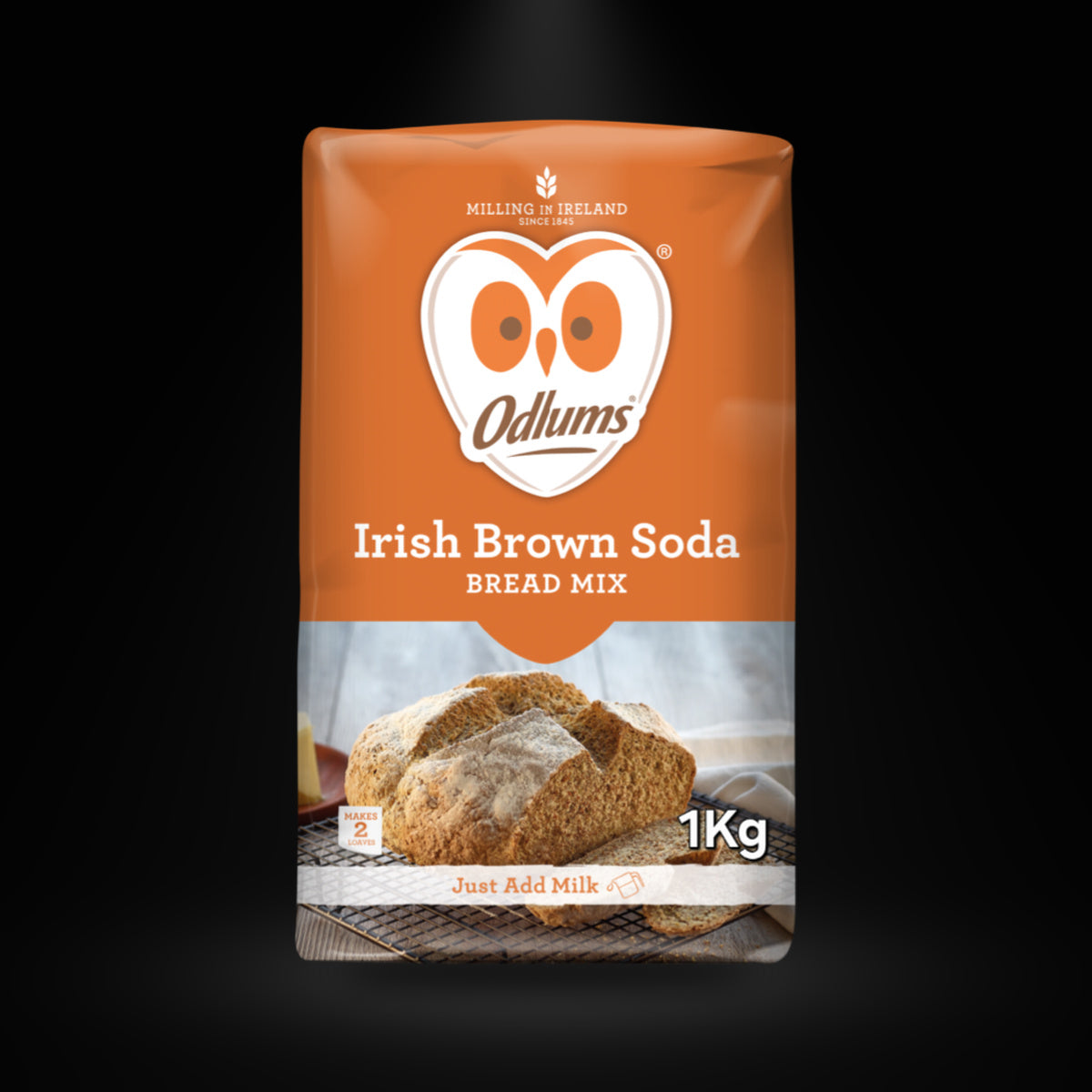Odlums Brown Soda Mix 1kg on a black background with an overhead spotlight
