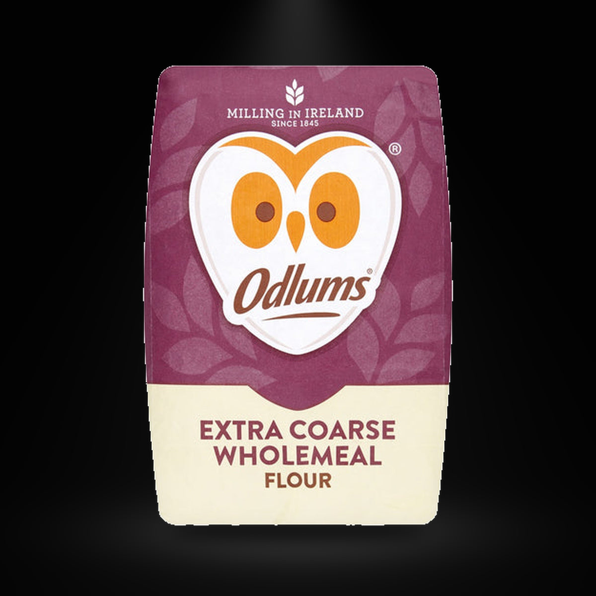 Odlums Ex coarse 2 kg on a black background with an overhead spotlight