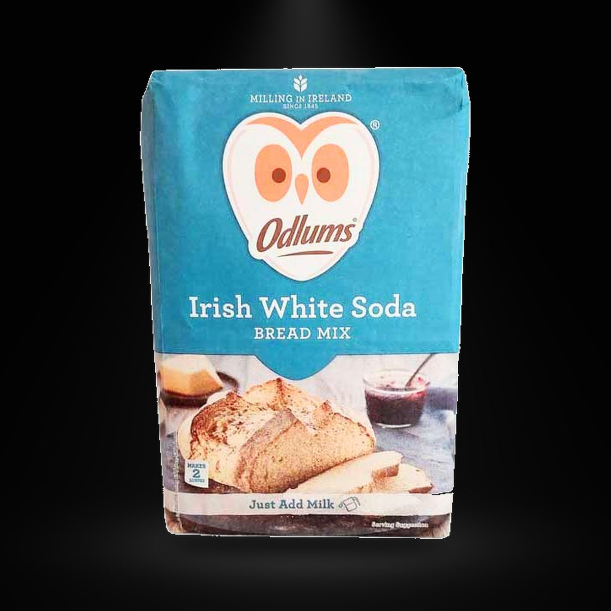 Odlums White soda brd mix 1kg on a black background with an overhead spotlight