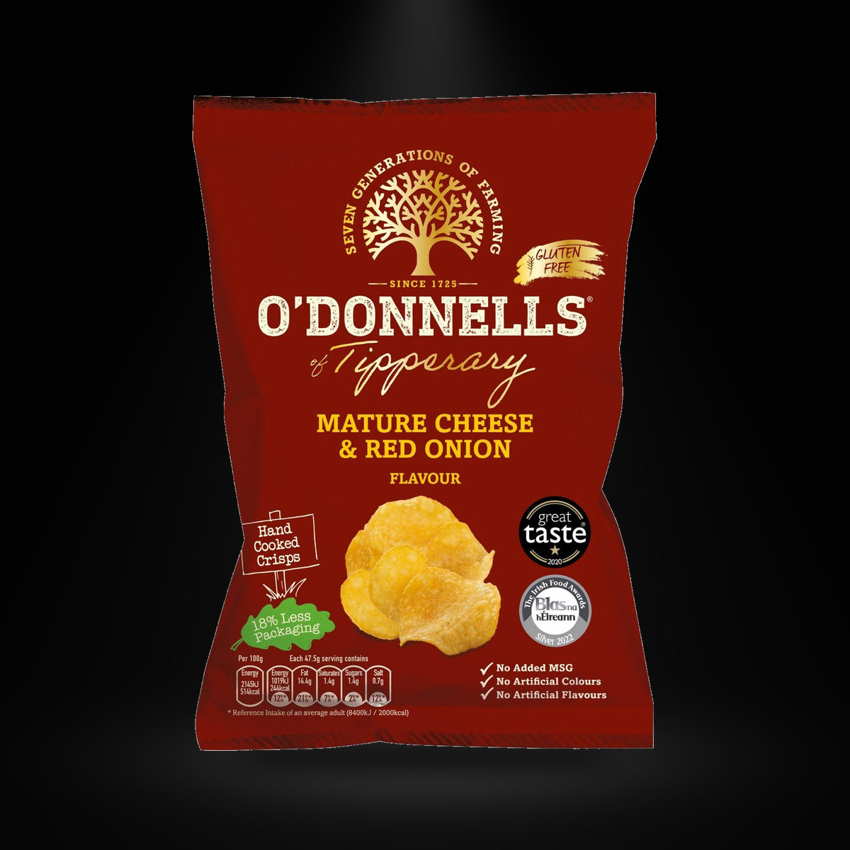 Odonells chz n onion on a black background with an overhead spotlight
