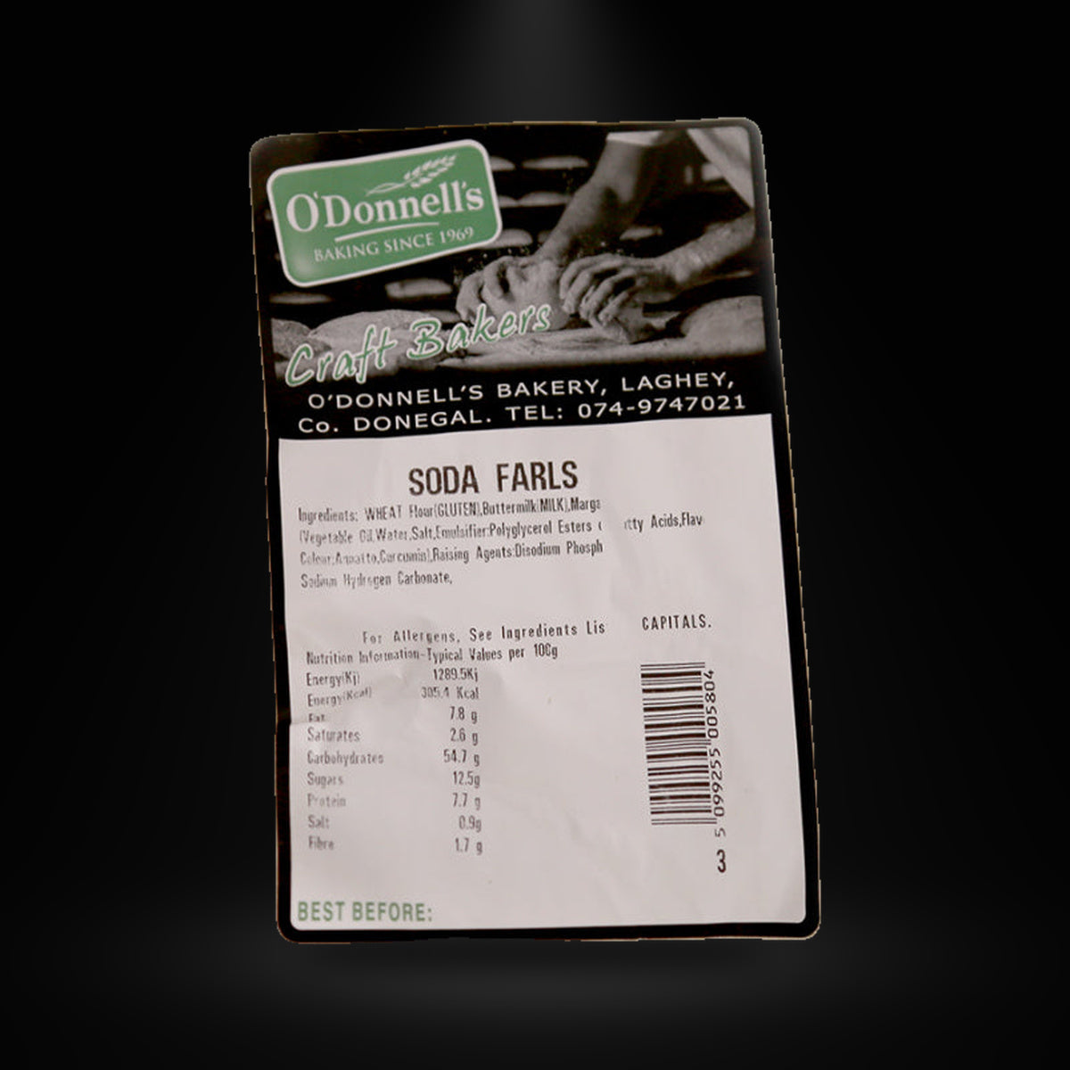 Odonells Soda Farl 2 Pack 320G on a black background with an overhead spotlight