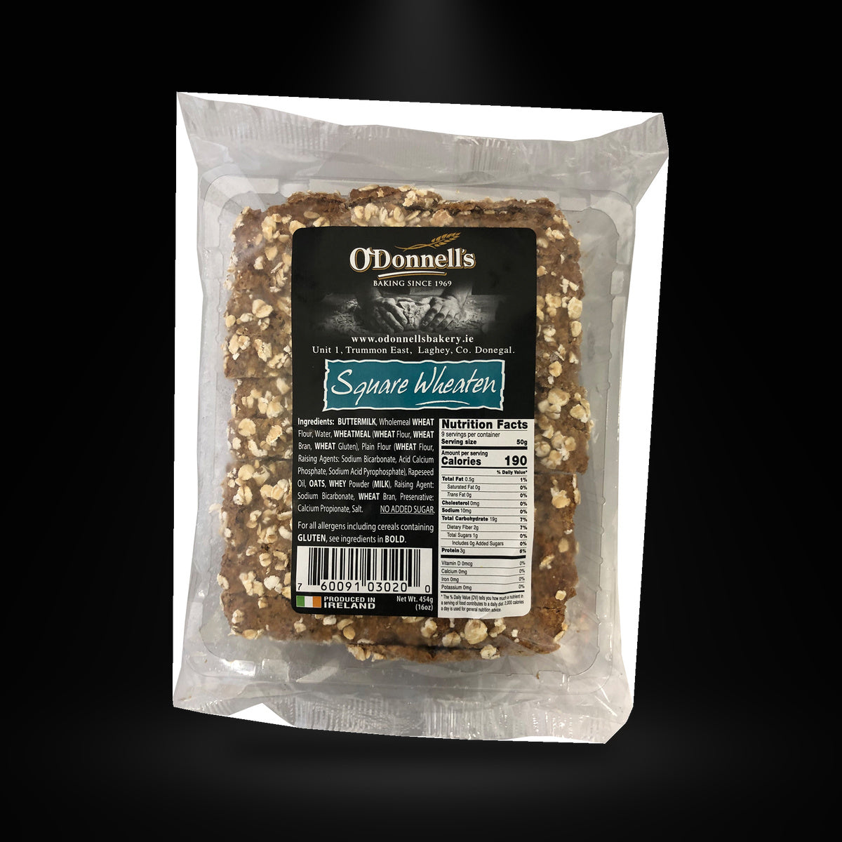 Odonells Square Wheaten on a black background with an overhead spotlight