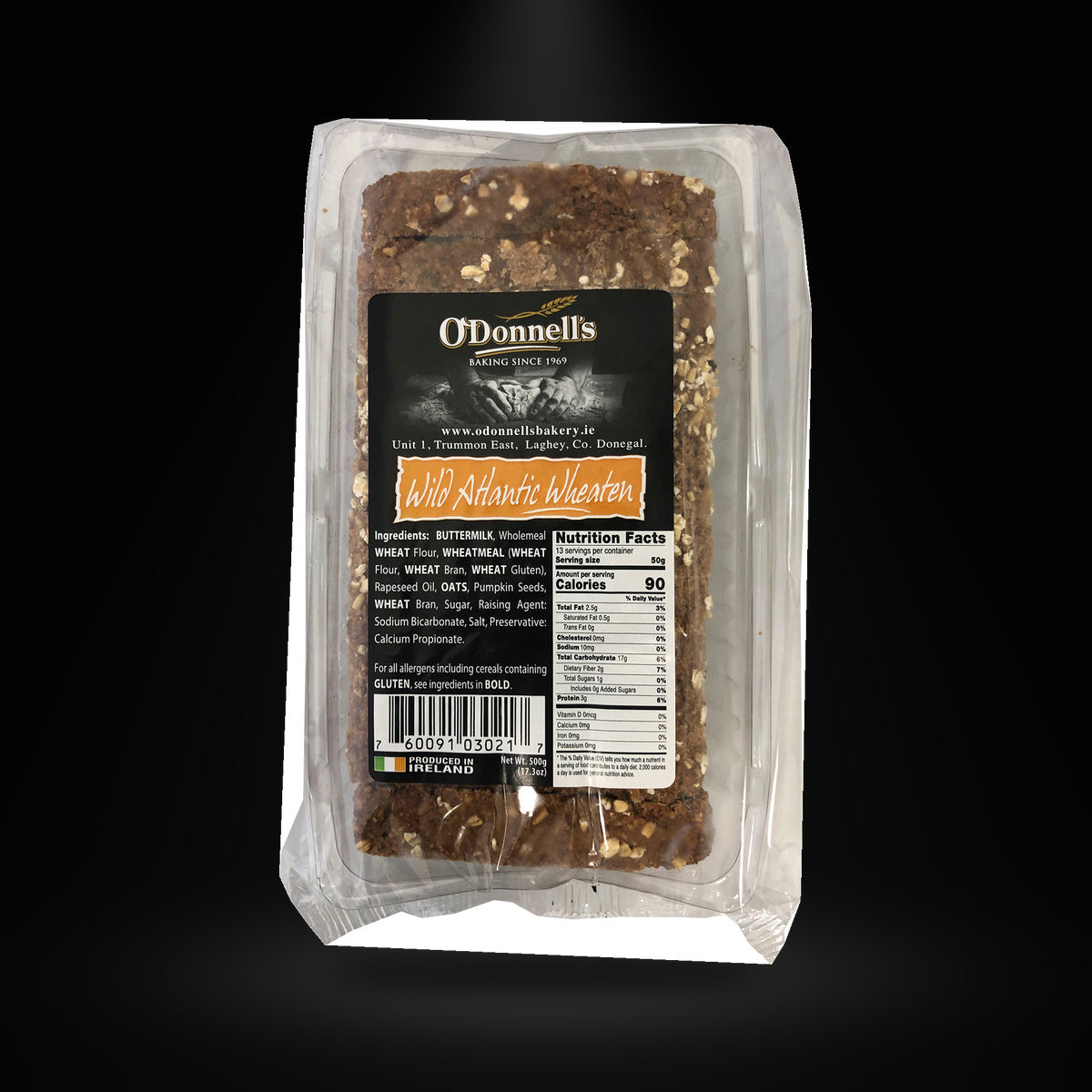 Odonnells Atlantic Wheaten Bread on a black background with an overhead spotlight