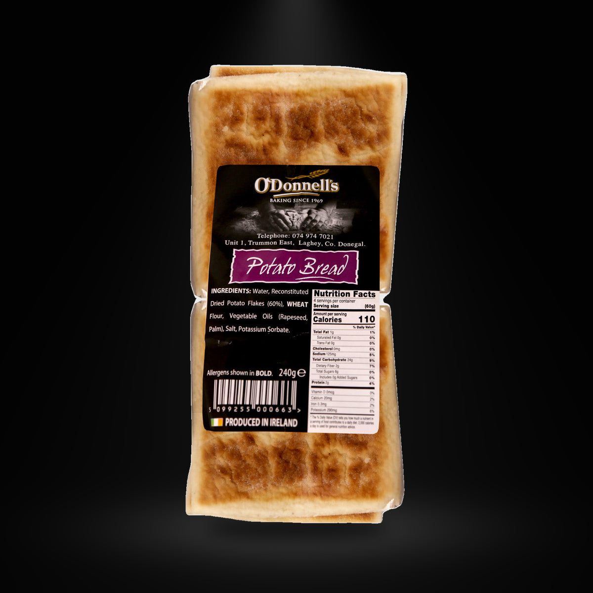 Odonnells potato bread on a black background with an overhead spotlight