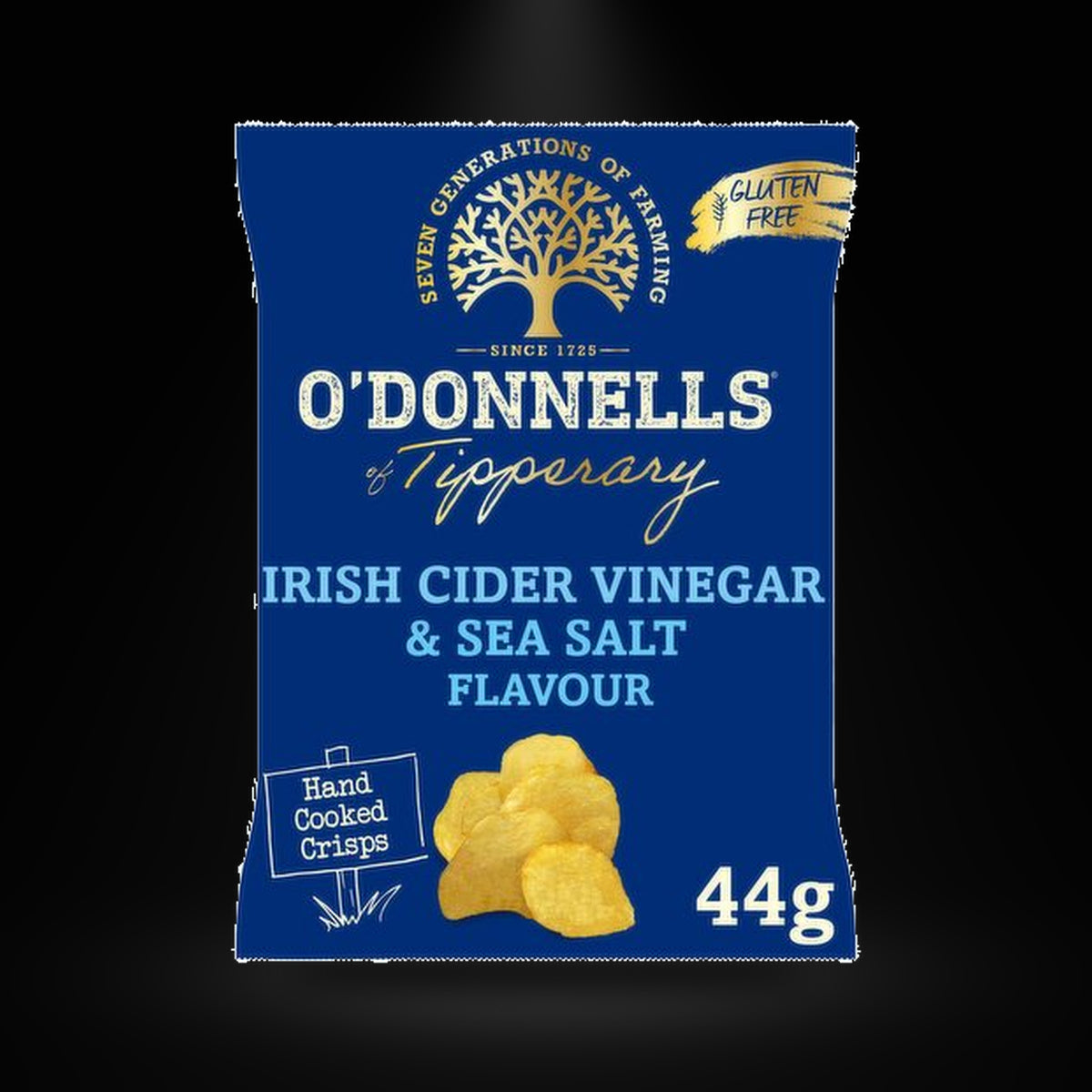 Odonnells Salt n Vinegar on a black background with an overhead spotlight