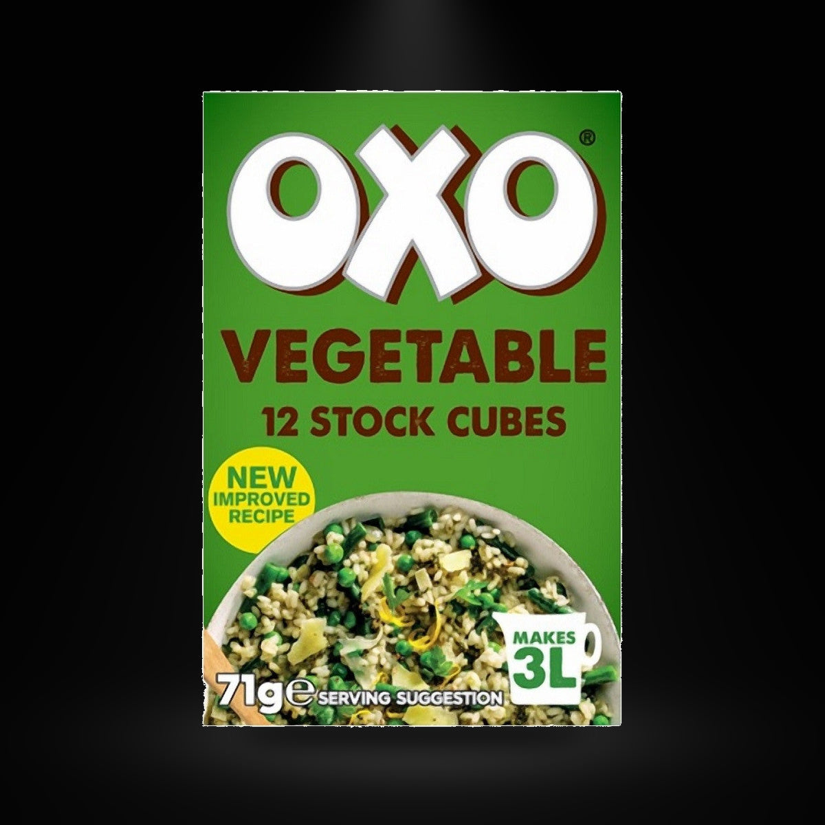 Oxo Vegetable Cubes 12S on a black background with an overhead spotlight