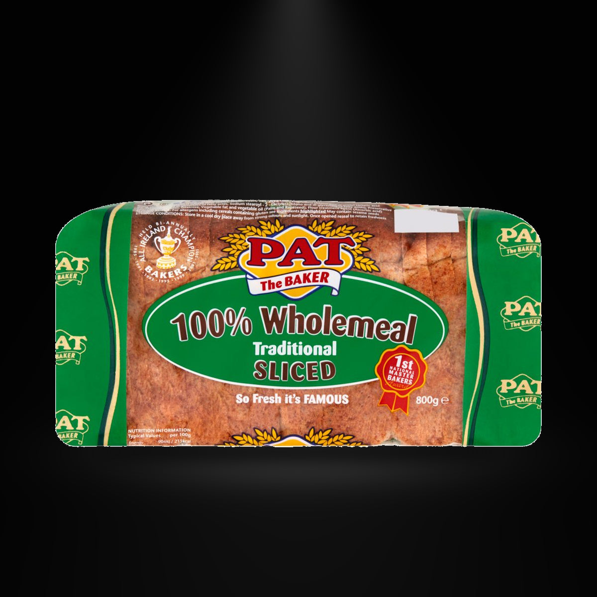 Pat 100% Wholemeal Bread on a black background with an overhead spotlight