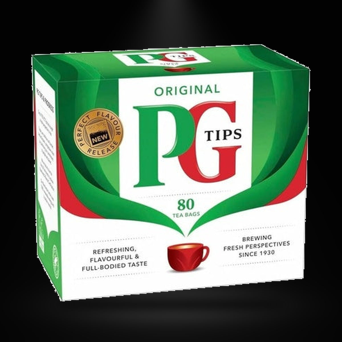 PG Tips 80ct on a black background with an overhead spotlight