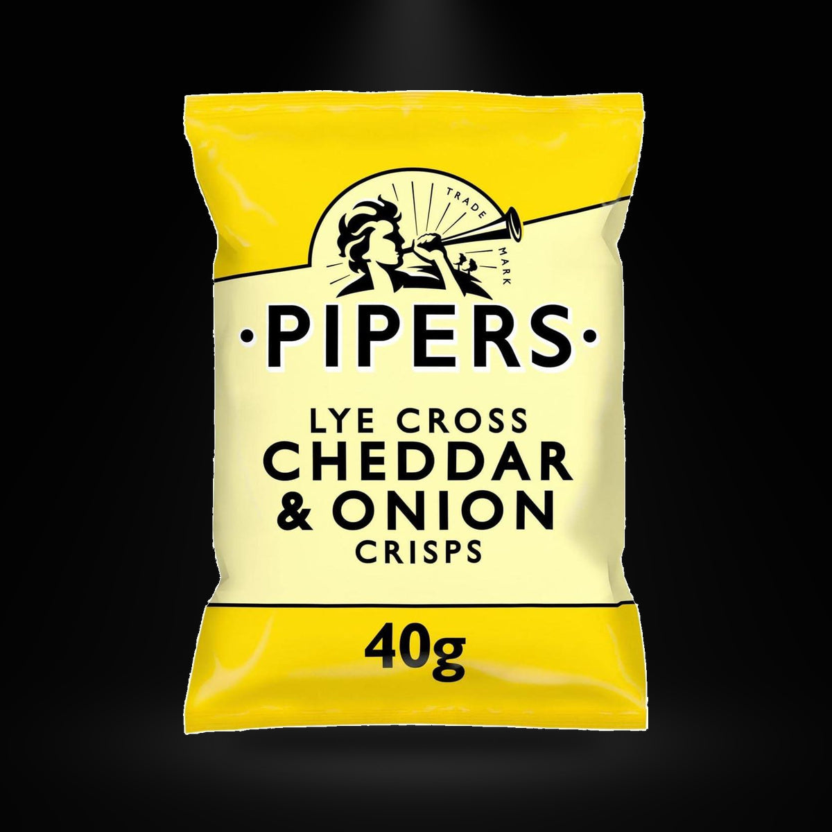 Pipers Cheese&Onion on a black background with an overhead spotlight