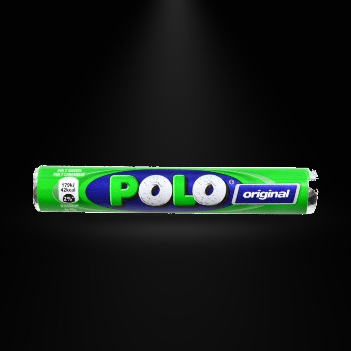 polo mint 34 gm on a black background with an overhead spotlight